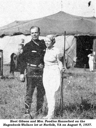 Hoot Gibson and Mrs. Poodles Hanneford on the Hagenbeck-Wallace lot at Norfork, VA on August 9, 1937.