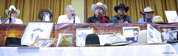 Panel discussion with (l-r) James Hampton, John Buttram (behnd the water jug), moderator Boyd Magers, Dusty Rogers, Dustin Rogers and Luster Bayless.