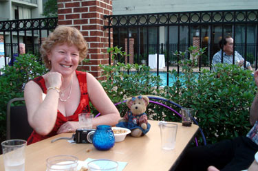 Even teddy bears came to the pool party "picnic". Felicity (Fliss) Bonello of Australia and Little Evy of Canada.