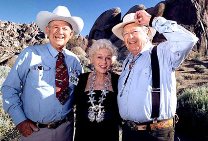 Grace Bradley Boyd with two former Hopalong Cassidy sidekicks, Jimmy Rogers and Rand Brooks. Taken at Lone Pine, CA.