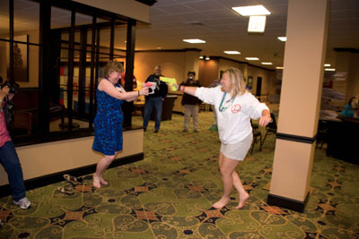 ...and when talk of Johnny lagged, all in fun water gun battles broke out. (Fliss Bonello and Donna Brisbin.)