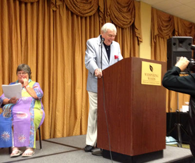 d Faulkner played Paladin in a fun-filled radio show recreation of “Have Gun Will Travel” at the banquet. Sara Lane awaits her opportunity to read a commercial.