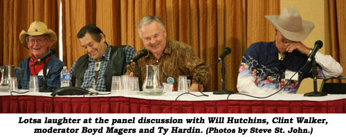 Lotsa laughter at the panel discussion with Will Hutchins, Clint Walker, moderator Boyd Magers and Ty Hardin. (photo by Steve St. John)