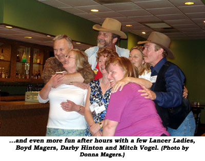 ...and even more fun after hours with a few Lancer Ladies, Boyd Magers, Darby Hinton and Mitch Vogel.  (Photo by Donna Magers.)