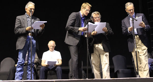 Recreating a “Lone Ranger” radio show at the Saturday night banquet are (L-R) Rudy Ramos, David Stollery, Duncan Regehr as Butch Cavendish, Tim Considine and Bob Daniel (Brace Beemer’s grandson) as The Lone Ranger.