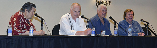 Above and below, the panel discussions are always a highlight of "A Gathering of Guns". To a packed room, this one featured Clint Walker, Robert Colbert and Edd Byrnes, moderated by festical sponsor Boyd Magers.