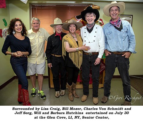 On July 30 at the Glen Cove, LI, NY, Senior Center, Will and Barbara Hutchins (second and third from right) and friends entertain.