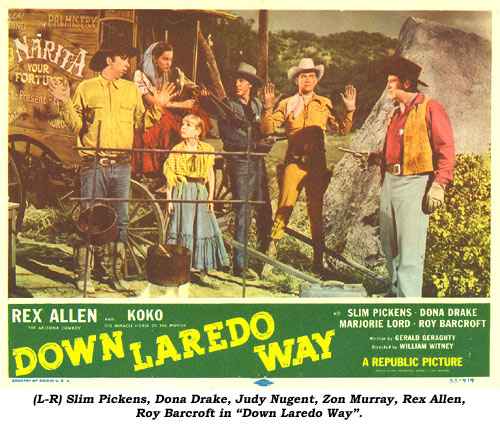 (L-R) Slim Pickens, Dona Drake, Judy Nugent, Zon Murray, Rex Allen, Roy Barcroft in "Down Laredo Way".