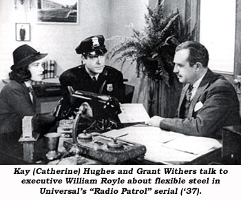 Kay (Catherine) Hughes and Grant Withers talk to executive William Royle about flexible steel in Universal's "Radio Patrol" serial ('37).