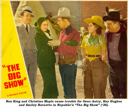 Rex King and Christine Maple cause trouble for Gene Autry, Kay Hughes and Smiley Burnette in Republic's "The Big Show" ('36).