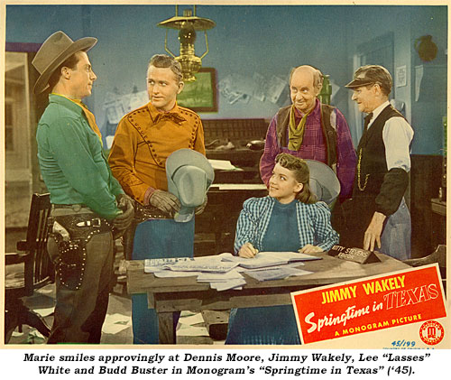 Marie smailes approvingly at Dennis Moore, Jimmy Wakely, Lee "Lasses" White and Budd Buster in Monogram's "Springtime in Texas" ('45).