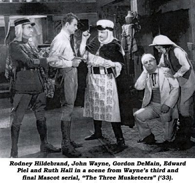 Rodney Hildebrand, John Wayne, Gordon DeMain, Edward Piel and Ruth Hall in a scene from Wayne's third and final Mascot serial, "The Three Musketeers" ('33).