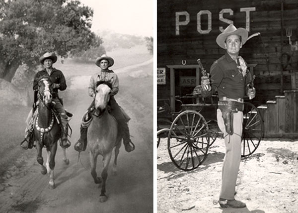 Two photos from Russell Hayden's personal collection. One-Russell and Jackie Coogan riding from "Cowboy G-Men". Two Russell with guns drawn from "Cowboy G-Men".