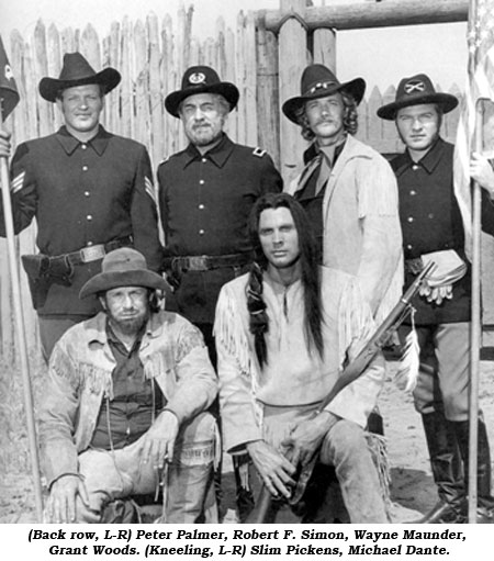 (Back row L-R) Peter Palmer, Robert F. Simon, Wayne Mauner, Grant Woods. (Kneeling L-R): Slim Pickens, Michael Dante.