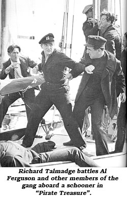 Richard Talmadge battles Al Ferguson and other members of the gang aboard a schooner in "Pirate Treasure".