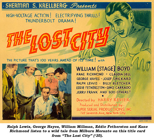 Ralph Lewis, George Hayes, William Millman, Eddie Fetherston and Kane Richmond listen to a wild tale from Milburn Morante on this title card from "The Lost City" ('35).