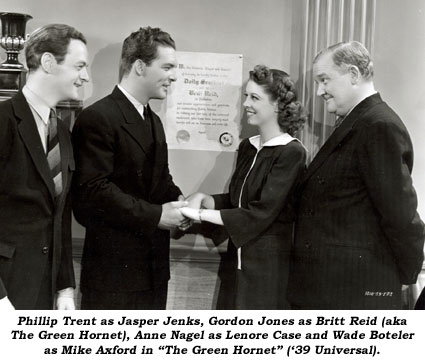 Phillip Trent as Jasper Jenks, Gordon Jones as Britt Reid (aka The Green Hornet), Anne Nagel as Lenore Case and Wade Boteler as Mike Axford in "The Green Hornet" ('39 Universal).