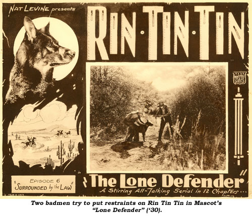 Two badmen try to put restraints on Rin Tin Tin in Mascot's "Lone Defender" ('30).