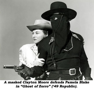 A masked Clayton Moore defends Pamela Blake in "Ghost of Zorro" ('49 Republic).