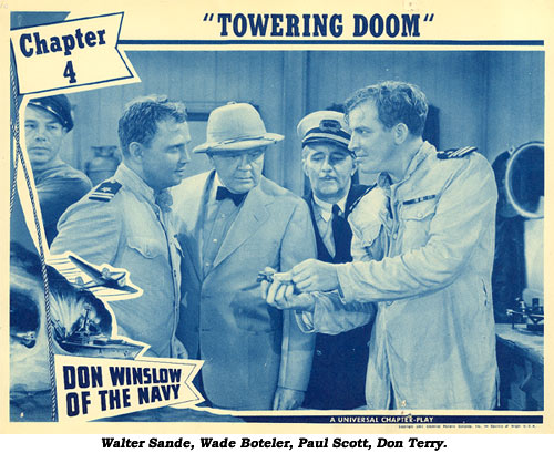 Walter Sande, Wade Boteler, Paul Scott, Don Terry in "Don Winslow of the Navy" Ch. 4 lobby card.