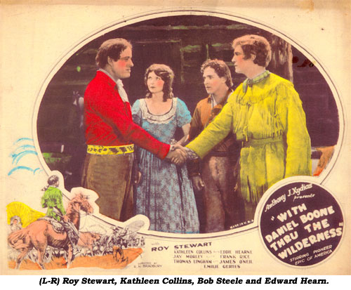 (L-R) Roy Stewart, Kathleen Collins, Bob Steele and Edward Hearn in "With Daniel Boone Thru the Wilderness".