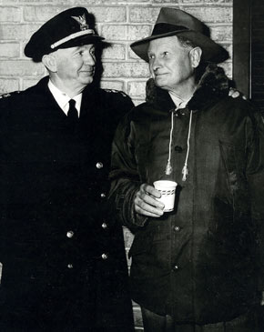 Coast Guard Chief Walter Brennan and producer/director Joe Kane take a coffee break from filming “Sea of Lost Ships” (‘53 Republic).