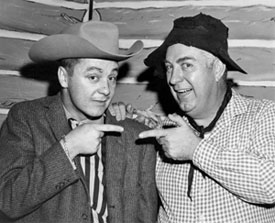 Smiley Burnette visits John Garner, host of the Port Arthur, TX kids show “Circle 4 Ranch” on KPAC-TV Channel 4 in Port Arthur. 10/2/62. (Photo courtesy Roy Bonario.) 