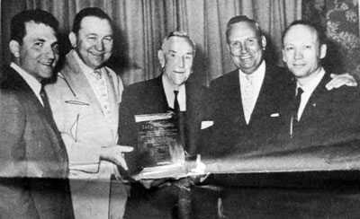 Toluca Lake Chamber of Commerce banquet in February 1961 honoring baseball legend Casey Stengel. (L-R) Chamber president Coz Aslobelli, new honorary mayor Tex Ritter, Casey Stengel, outgoing honorary mayor Gene Autry, outgoing Chamber president Harold Hefner. (Thanx to Billy Holcomb.) 