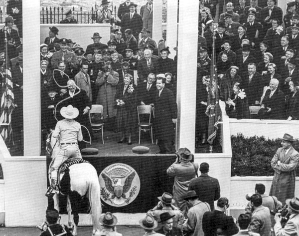 Montie Montana roped President Dwight Eisenhower during his inauguration in 1953. The Secret Service was not amused, but Mamie Eisenhower and Vice President Richard Nixon seem to be getting a chuckle out of it. 