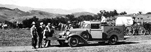 Buck Jones (far left) and crew on location in Lone Pine, CA, filming Buck's serial “The Roaring West” (‘35 Universal). 