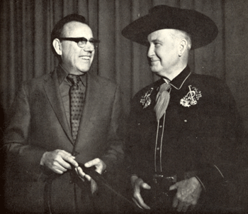 Tim McCoy and Tommy Scott marking Tim’s 80th birthday on January 29, 1971 while Tim was traveling with Scott’s Country Caravan which traveled for more than 20 years. Scott booked ahead for at least 280 playdates a year covering 40 states and 5 provinces of Canada. All were one-night stands consisting of country music, circus acts and Tim’s whip and marksmanship performances. I had the pleasure of interviewing Tim while I was in radio in Columbus, GA in 1975. As Tim traveled from one playdate to another he would visit Civil War battle sites as he was a Civil War authority. 