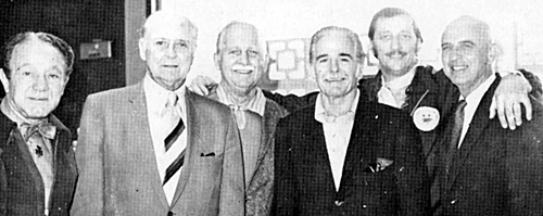 (L-R) Stuntman Harvey Parry, director Spencer Gordon Bennet, stuntman George DeNormand, stuntman Dave Sharpe, Hollywood Stuntmen Hall of Fame owner John Hagner and producer/director Ed Finney. 