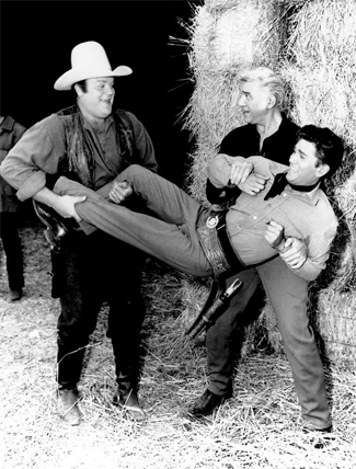 Dan Blocker, Lorne Greene and Michael Landon clowning around 
on the set of “Bonanza”. 