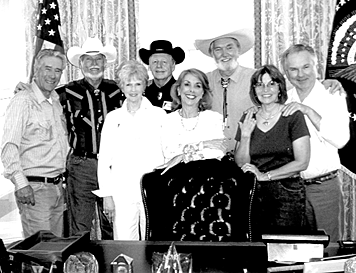 (Front L-R) Jo Western, Nancy Miller, Donna Magers. (Back L-R) Robert Fuller, Ty Hardin, Johnny Western, Denny Miller, Boyd Magers in the Oval Office at the Clinton Library. (Thanx to Nancy Miller.) 