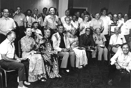Charlotte, NC, Western Film Festival, 1984. Celebrities seated L-R: Don Barry, Kay Aldridge, Joan Woodbury, James Brown, Myrna Dell, Victor Jory, Oliver Drake, Yakima Canutt. (Were you there? If you're in this photo let us know 
and we'll add your name.)