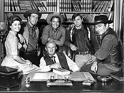 "The Virginian" cast L-R: Roberta Shore, Clu Gulager, Doug McClure, 
Randy Boone, James Drury, Lee J. Cobb.