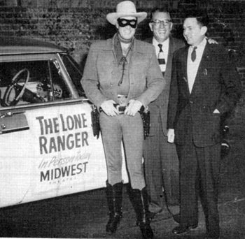 Clayton Moore as The Lone Ranger is welcomed in Oklahoma City in 1956 by managers of mid-west theaters.