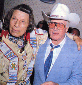 Iron Eyes Cody and Clayton Moore at a function in 1988.
