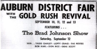 Auburn, California, September 10, 1959. Jimmy Hawkins was Tagg Oakley on the “Annie Oakley” TV series (‘54-‘57) and Brad Johnson was Lofty Craig. Jim tells us he and Gail Davis “had just finished up some appearances in the east and I flew from Pittsburgh to Auburn (CA). My horse Pixie was brought up from L.A. Brad (Johnson) was the promoter and deficit fanancier. Kinda local boy comes home.” Johnson was from Auburn, CA. (Thanx to Jimmy Hawkins.)