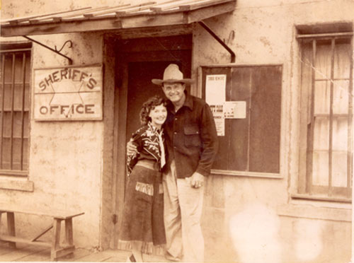 Leading lady Pamela Blake poses with Ray “Crash” Corrigan during a break in the filming of “Wyoming Outlaw” (‘39 Republic) with The Three Mesquiteers.