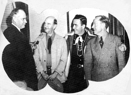 Texas Governor “Coke” Stephenson (governor from ‘41-‘47) (left) and State Representative Harley Sadler welcome Lee “Lasses” White and Jimmy Wakely to the state capitol in Austin, Texas, (circa 1946) when Jimmy made a Bond sales talk to the Texas State Legislature.