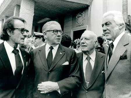 Senator George Murphy (center) meets with Gilbert Roland (left), Pat O’Brien and Cesar Romero. Murphy was a Senator ‘65 to ‘71. Roland and Romero had both played the Cisco Kid on screen. (Thanx to Bobby Copeland.)