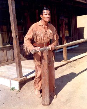 Jay Silverheels as Tonto rides into Corriganville, stops at the hitch rail and is ready for action in these gorgeous early publicity shots for "The Lone Ranger". (Thanx to Neil Summers.)