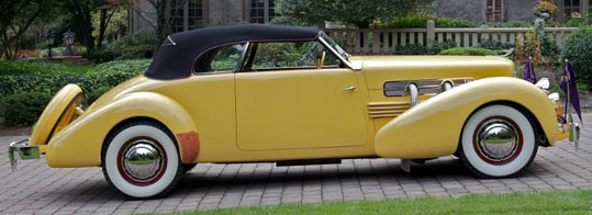 Cars of the Stars: Tom Mix’s restored Super-charged 1937 Cord 812 Roadster built by the Auburn Automobile Company. This is the car in which Mix was killed on October 12, 1940 while traveling about 80mph on Arizona 79 when he crashed in a construction zone. Now owned and restored by Bob White of Scottsdale, AZ.