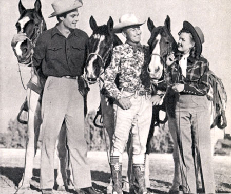 Rory Calhoun, Montie Montana and Gale Storm at a western rodeo in Palm Springs, CA, circa 1952.