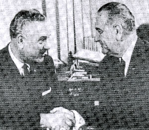 Reb Russell shakes hands with President Lyndon Johnson. Reb ran unsuccessfully in 1964 for Congress as a Democrat from Kansas. Reb was a successful rancher near Coffeyville, KS. (Thanx to John Brooker.)