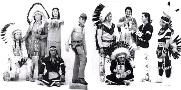 A compliment of Indian actors with Nick Adams (“The Rebel”). (L-R) Iron Eyes Cody, Chief Yowlachie, Connie Buck, Rodd Redwing, Adams, John War Eagle, Shooting Star, Dawn and Eddie Little Sky, Foster Hood.