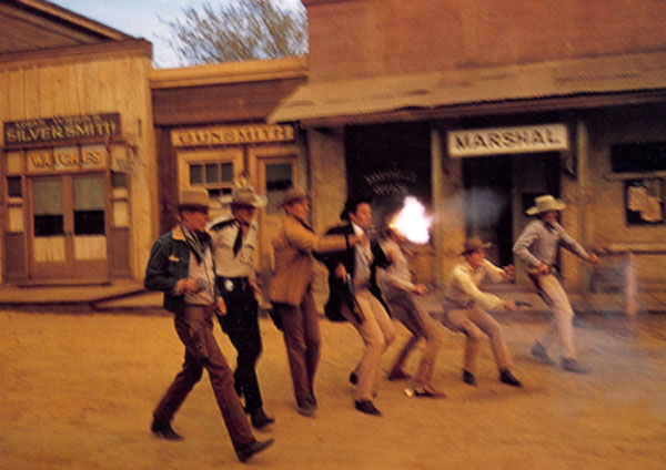 Pity the poor badguys up against the Warner Bros. cowboys! (L-R) Will “Sugarfoot” Hutchins, Wayde “Colt .45” Preston, Jack “Maverick” Kelly, James “Maverick” Garner, Ty “Bronco” Hardin, Peter “Lawman” Brown and John “Lawman” Russell.