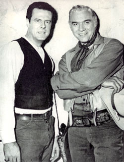 Robert Culp of CBS’ “Trackdown” visits Lorne Greene of NBC’s “Bonanza”.