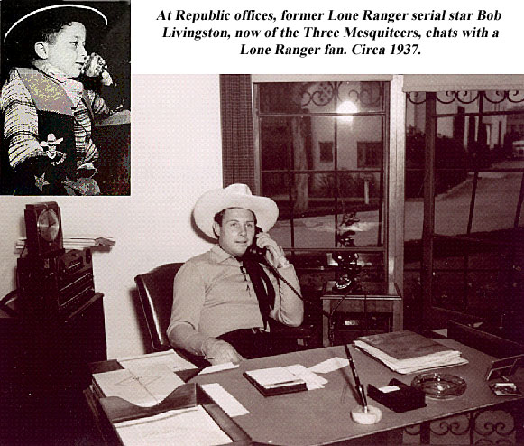 At Republic offices, former Lone Ranger serial star Bob Livingston, now of the Three Mesquiteers, chats with a Lone Ranger fan. Circa 1937.